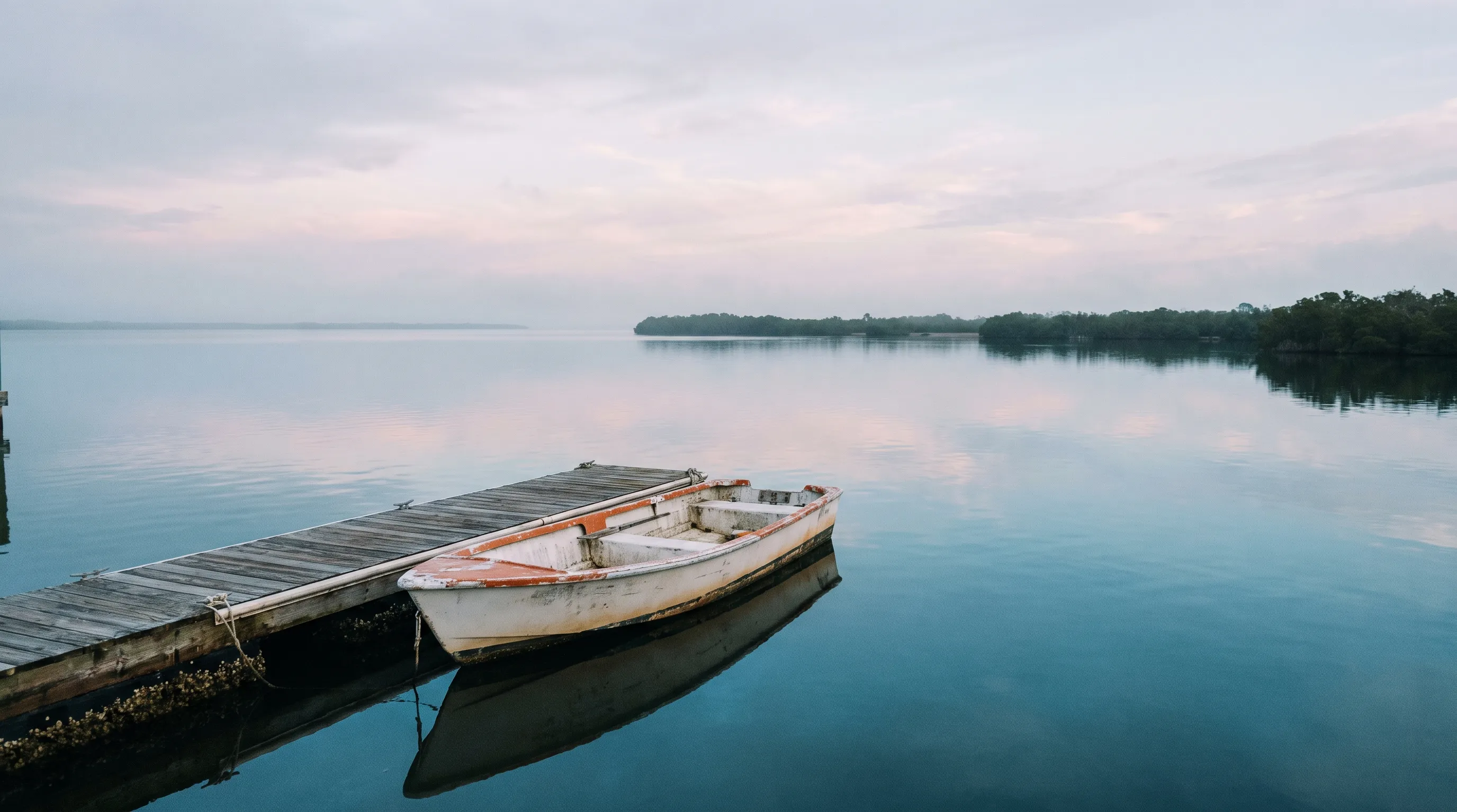 Illustrative scene of a fishing boat resting at a wooden dock in a quiet Gulf harbor at dawn